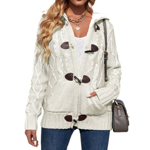 💜Caslon Ivory Cable Knit Button Hooded Long Sleeve Cardigan Medium - Picture 1 of 13